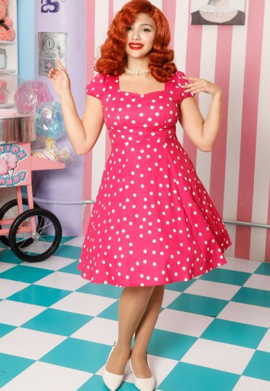 Claudia Flirty Fifties Style Polka Dot Dress In Hot Pink/White – Shop now at Kitty Darling
