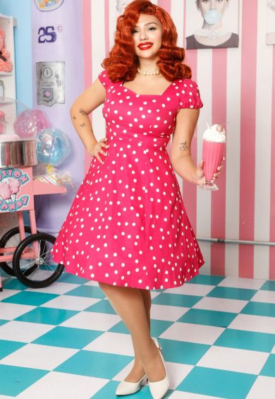 Claudia Flirty Fifties Style Polka Dot Dress In Hot Pink/White – Dresses | Kitty Darling