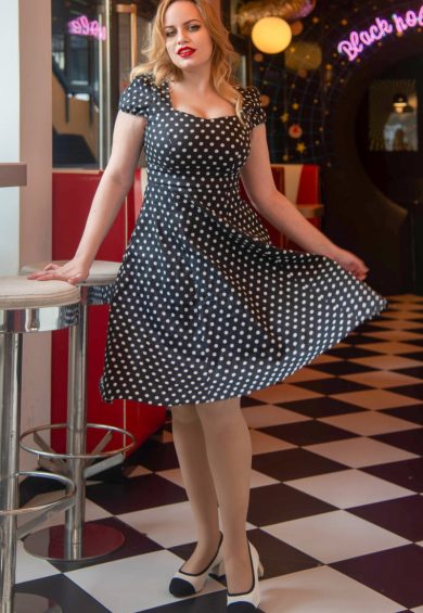 Claudia Flirty Fifties Style Dress in Black/White – Shop now at Kitty Darling