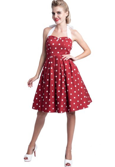 Sophia Rockabilly Halter Neck Swing Dress in Burgundy and White Polka Dot – Dresses | Kitty Darling
