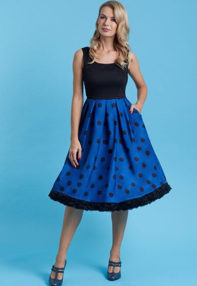 Amanda Blue & Black Polka Dot Flared Dress – Dresses | Kitty Darling