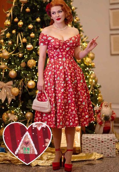Lily Retro Off Shoulder in Christmas Cookie Print Swing Dress – Shop now at Kitty Darling