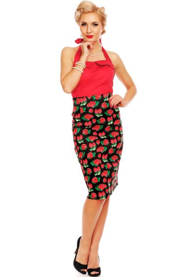 Falda 50s Style Pencil Skirt in Black Strawberry – Skirt | Kitty Darling