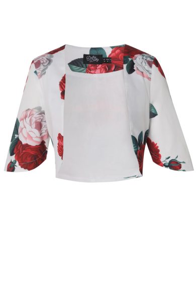 Lisette White Three-Quarter Sleeve Peony Print Bolero – Shop now at Kitty Darling