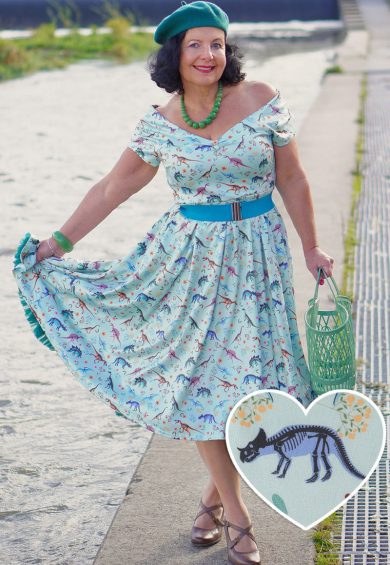 Lily Retro Off Shoulder in Light Green & Dino Print Swing Dress – Shop now at Kitty Darling