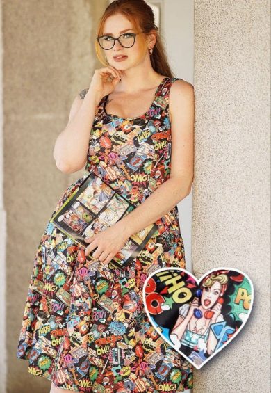 Amanda Scoop Neck Swing Dress in Black Comic Print – Shop now at Kitty Darling