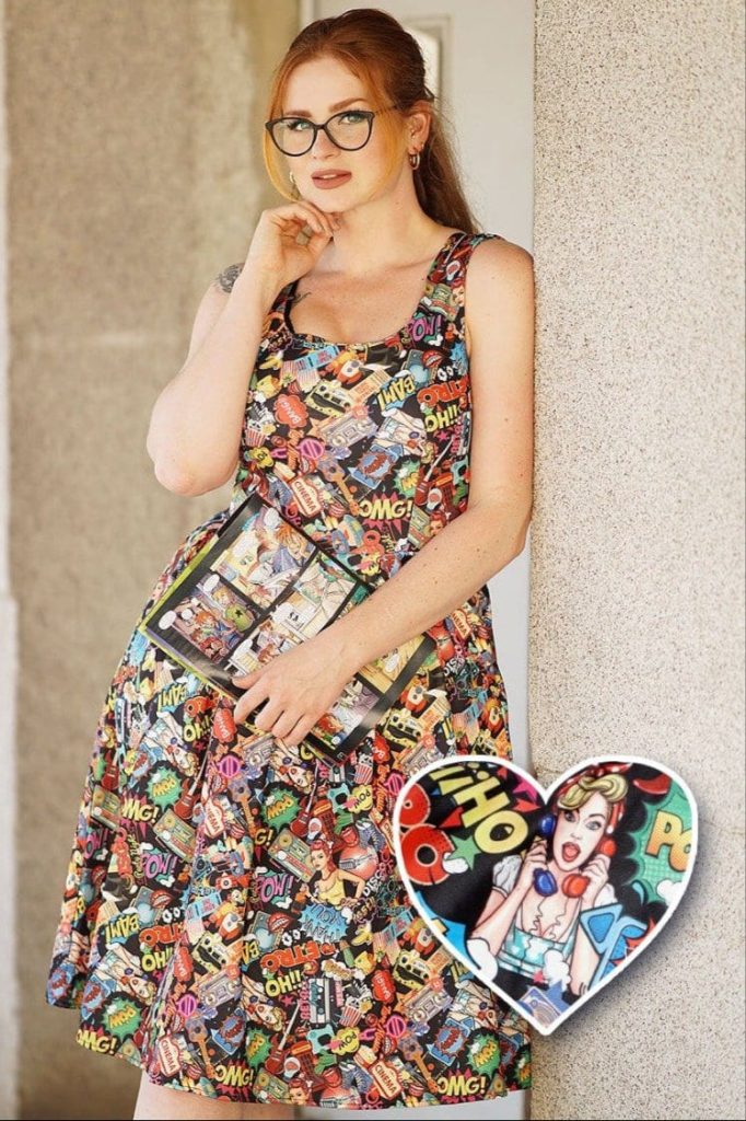 Amanda Scoop Neck Swing Dress in Black Comic Print