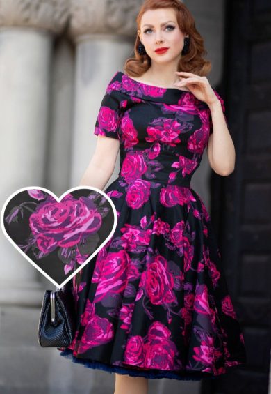 Darlene Retro Black/Pink Roses Swing Dress – Shop now at Kitty Darling