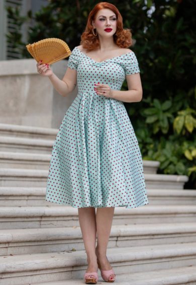Lily Baby Blue Off-Shoulder Dress with Red Polka Dots – Shop now at Kitty Darling