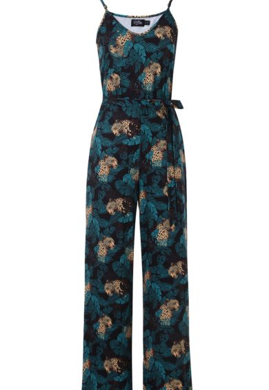 Brigitte Black Cheetah and Palm Leaves Print Strappy Jumpsuit – Shop now at Kitty Darling