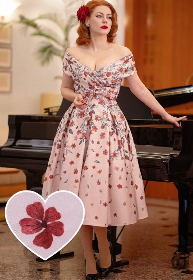 Beverly Pink Cross-Over-Off-Shoulder Grey Falling Flower Print Midi Dress – Shop now at Kitty Darling