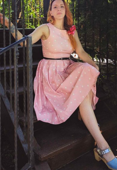 Annie Retro Polka Dot Dress In Pale Pink/White – Shop now at Kitty Darling