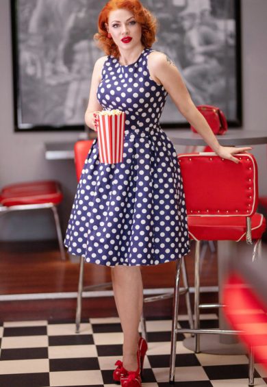 Annie Navy Blue Swing Dress with White Polka Dots – Shop now at Kitty Darling
