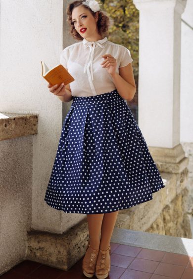Rochelle High Waist Full Circle Polka Dot Skirt in Blue – Shop now at Kitty Darling