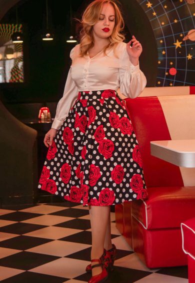 Carolyn Box Pleat Skirt In Scuba Knit Fabric In White Polka Dot & Red Rose In Black – Shop now at Kitty Darling