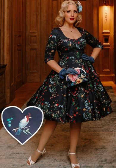 Scarlette Long-Sleeved Stretchy Dress Black, Birds & Flowers – Shop now at Kitty Darling