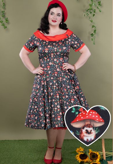Darlene Hedgehog & Mushroom Roll Collar Dress – Shop now at Kitty Darling