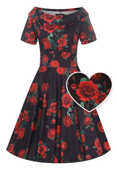 Darlene Black Vintage-Inspired Red Rose Print Dress – Shop now at Kitty Darling