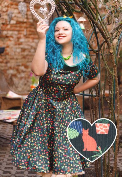 Darlene Dark Green Vintage-Inspired Cactus and Cat Print Dress – Shop now at Kitty Darling