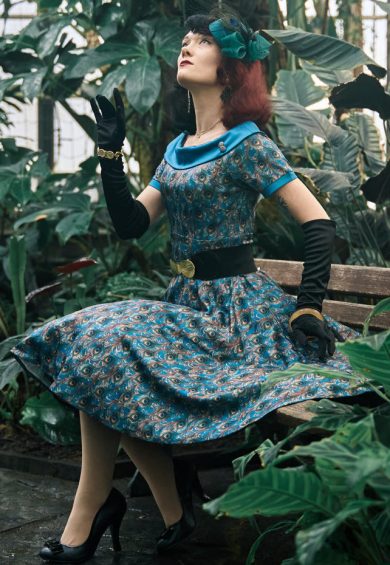 Darlene 50's Style Swing Dress in Blue & Peacock Feather Print – Shop now at Kitty Darling