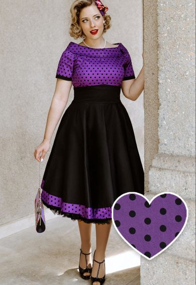 Darlene Full Circle Purple and Black Polka Dot Swing Dress – Shop now at Kitty Darling