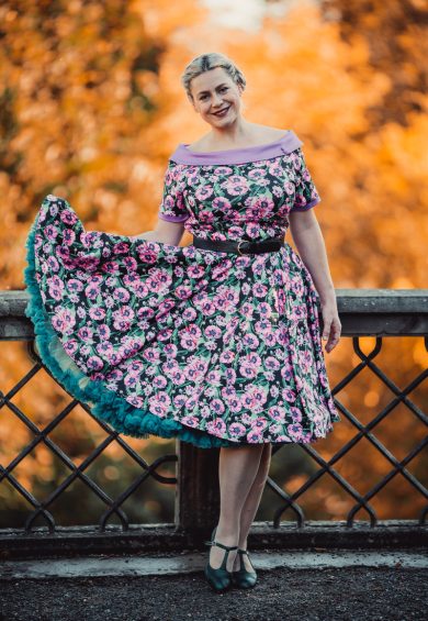 Darlene 50's Style Swing Dress in Purple and Poppy – Dresses | Kitty Darling