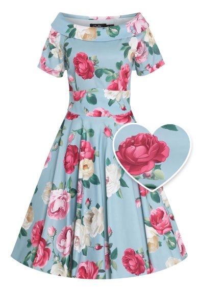 Darlene Powder Blue Vintage-Inspired Peony Print Swing Dress – Shop now at Kitty Darling