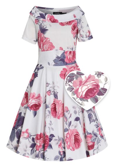 White Vintage-Inspired Pink Rose Print Dress – Shop now at Kitty Darling