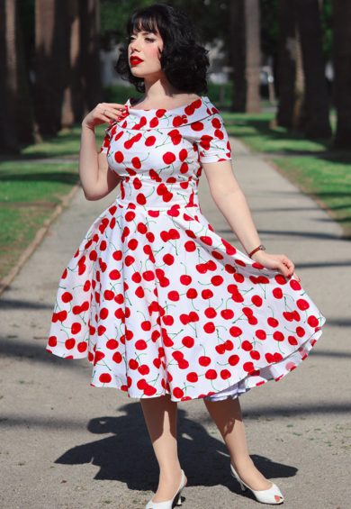 Darlene White Vintage-Inspired Cherry Print Dress – Shop now at Kitty Darling