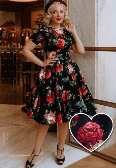 Darlene Retro Floral Swing Dress in Black – Shop now at Kitty Darling