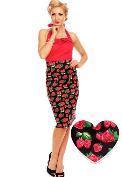 Falda 50s Style Pencil Skirt in Black Strawberry – Shop now at Kitty Darling
