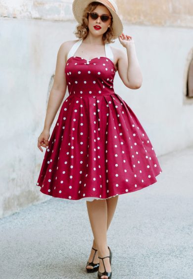 Sophia Rockabilly Halter Neck Swing Dress in Burgundy and White Polka Dot – Shop now at Kitty Darling