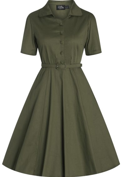 Penelope Army Green Rockabilly Plain Shirt Dress – Dresses | Kitty Darling