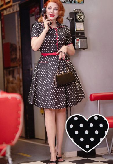 Penelope Rockabilly Black Polka Dot Shirt Dress – Shop now at Kitty Darling