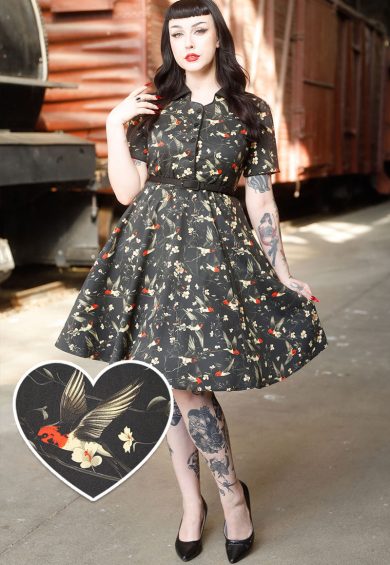 Penelope Rockabilly Black Bird & Floral Print Shirt Dress – Shop now at Kitty Darling