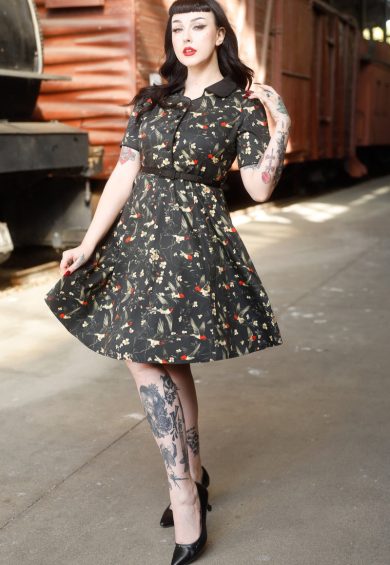 Penelope Rockabilly Black Bird & Floral Print Shirt Dress – Dresses | Kitty Darling