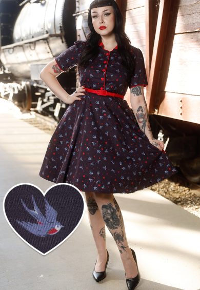 Penelope Rockabilly Navy Blue Heart & Swallow Shirt Dress – Shop now at Kitty Darling