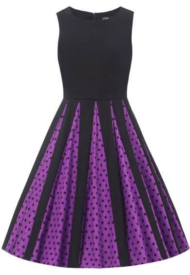 Judith Cotton Retro Pleated Polka Dot Dress in Black and Purple – Shop now at Kitty Darling