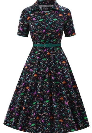 Penelope II Black Rockabilly Dino & Rainbow Print Shirt Dress – Dresses | Kitty Darling