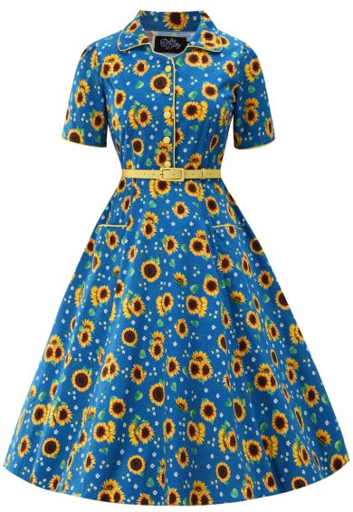 Penelope II Blue Rockabilly Sunflower Print Shirt Dress – Dresses | Kitty Darling
