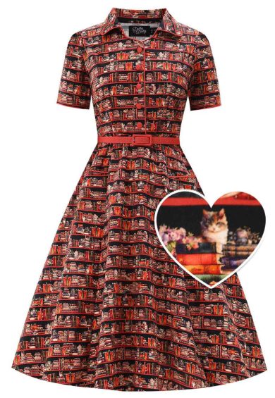 Penelope II Brown Rockabilly Cat & Book Print Shirt Dress – Shop now at Kitty Darling