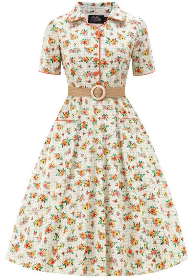 Penelope II Cream Rockabilly Floral & Subtle Checkered Print Shirt Dress – Dresses | Kitty Darling