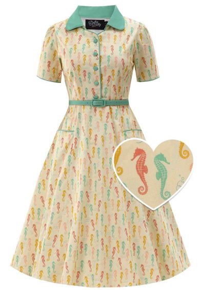 Penelope II Cream Rockabilly Pastel Seahorse Print Shirt Dress – Shop now at Kitty Darling