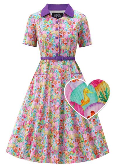 Penelope II Green Rockabilly Colorful Shells Shirt Dress – Shop now at Kitty Darling