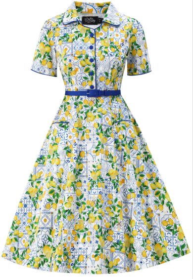 Penelope II Light Blue Rockabilly Mediterranean Lemon Print Shirt Dress – Dresses | Kitty Darling
