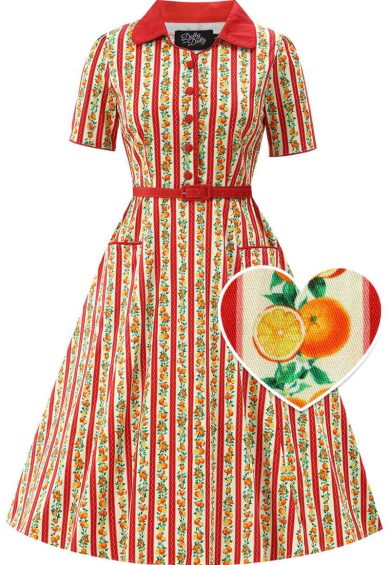 Penelope II Pink Striped Rockabilly Orange Fruit Print Shirt Dress – Shop now at Kitty Darling