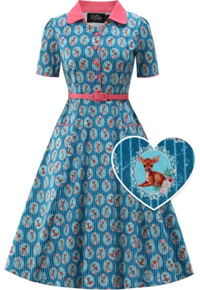 Penelope II Turquoise Rockabilly Bambi Print Shirt Dress – Shop now at Kitty Darling