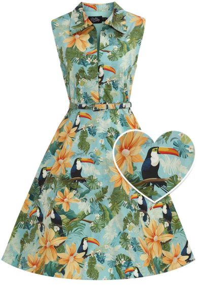 Poppy Light Blue Vintage Tropical Tiki Print Shirt Dress – Shop now at Kitty Darling