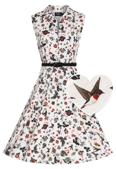 Poppy White Vintage Tattoo Print Shirt Dress – Shop now at Kitty Darling