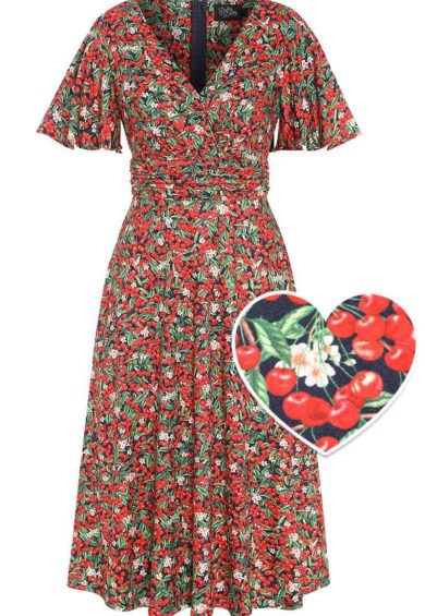 Donna Black Petal Sleeves Flared Bust Red Berries Summer Dress – Shop now at Kitty Darling